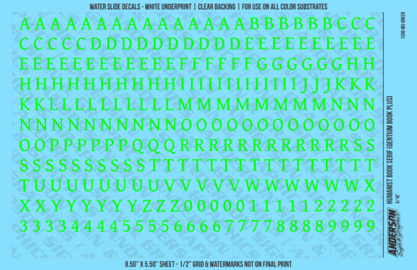 ASG Waterslide Decals - Humanist Book Serif Lettering Numbers 5/16"