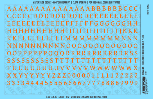 ASG Waterslide Decals - Humanist Book Serif Lettering Numbers 5/16"