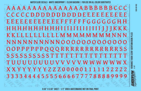 ASG Waterslide Decals - Humanist Book Serif Lettering Numbers 5/16"