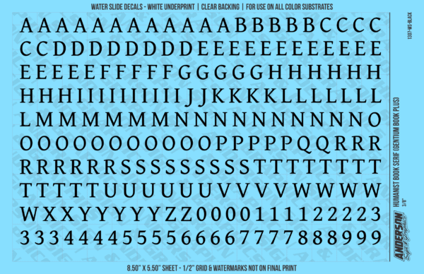 ASG Waterslide Decals - Humanist Book Serif Lettering Numbers 3/8"