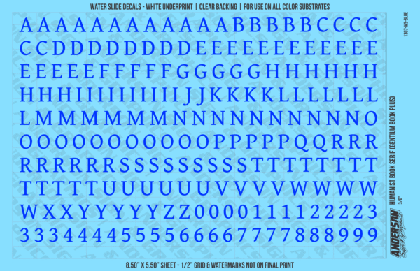 ASG Waterslide Decals - Humanist Book Serif Lettering Numbers 3/8"