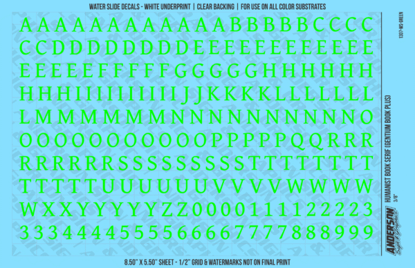ASG Waterslide Decals - Humanist Book Serif Lettering Numbers 3/8"