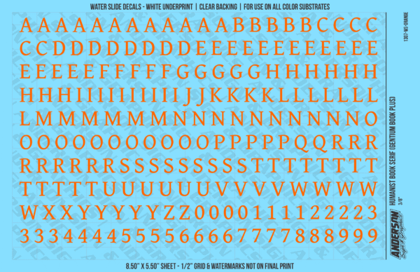 ASG Waterslide Decals - Humanist Book Serif Lettering Numbers 3/8"