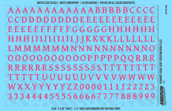 ASG Waterslide Decals - Humanist Book Serif Lettering Numbers 3/8"