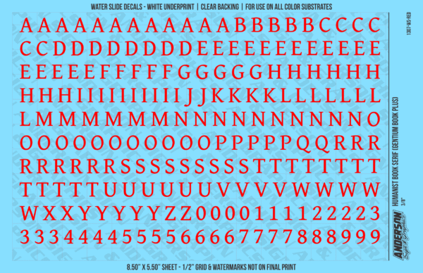 ASG Waterslide Decals - Humanist Book Serif Lettering Numbers 3/8"