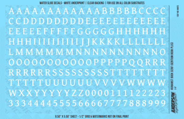 ASG Waterslide Decals - Humanist Book Serif Lettering Numbers 3/8"