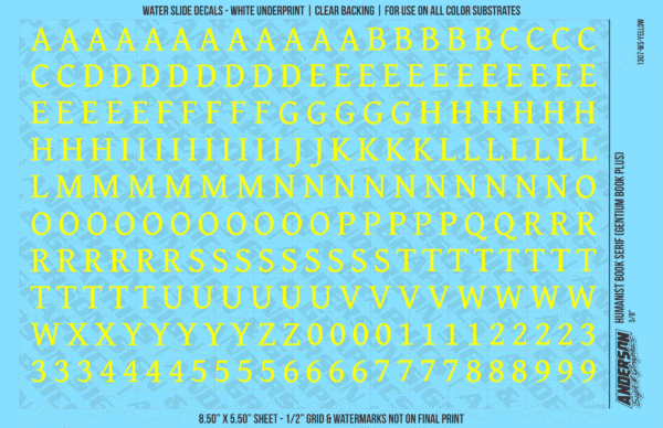 ASG Waterslide Decals - Humanist Book Serif Lettering Numbers 3/8"