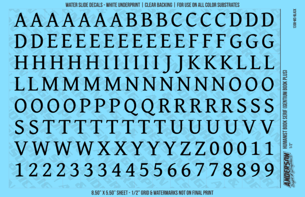 ASG Waterslide Decals - Humanist Book Serif Lettering Numbers 1/2"