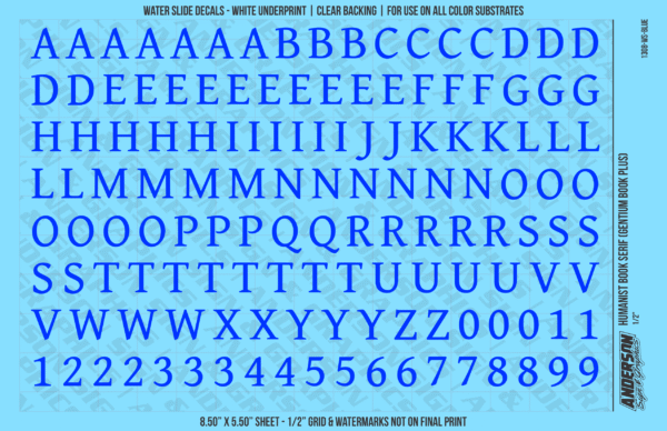 ASG Waterslide Decals - Humanist Book Serif Lettering Numbers 1/2"