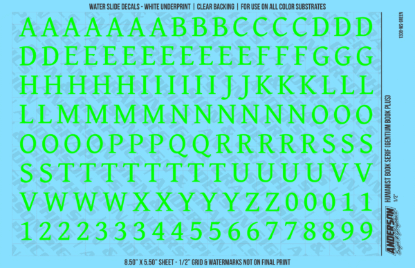 ASG Waterslide Decals - Humanist Book Serif Lettering Numbers 1/2"