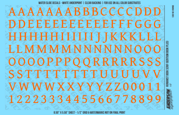 ASG Waterslide Decals - Humanist Book Serif Lettering Numbers 1/2"