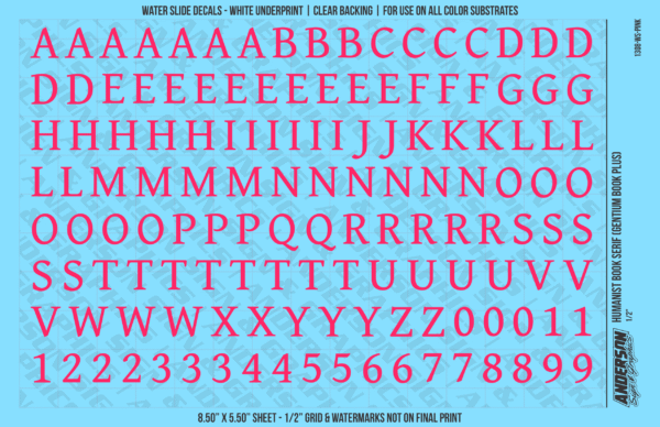 ASG Waterslide Decals - Humanist Book Serif Lettering Numbers 1/2"
