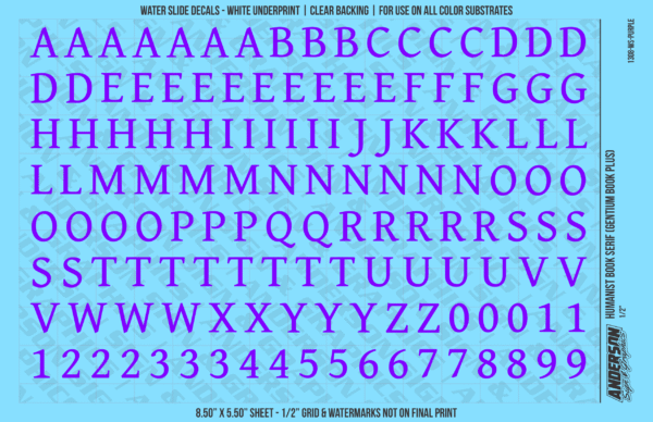 ASG Waterslide Decals - Humanist Book Serif Lettering Numbers 1/2"