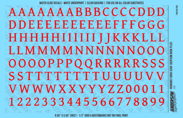 ASG Waterslide Decals - Humanist Book Serif Lettering Numbers 1/2"