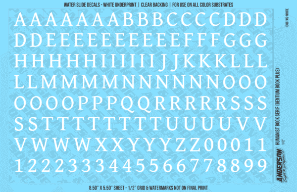 ASG Waterslide Decals - Humanist Book Serif Lettering Numbers 1/2"