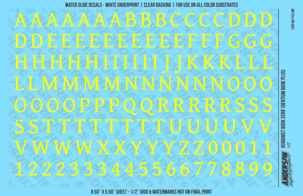 ASG Waterslide Decals - Humanist Book Serif Lettering Numbers 1/2"