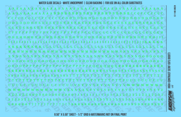 1311-WS-Green.png ASG Waterslide Decals - High-Contrast Serif Lettering Numbers 1/8"