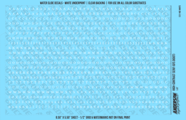 1311-WS-White.png ASG Waterslide Decals - High-Contrast Serif Lettering Numbers 1/8"