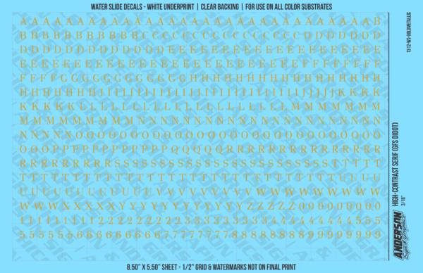 1312-WS-GoldMetallic.png ASG Waterslide Decals - High-Contrast Serif Lettering Numbers 3/16"