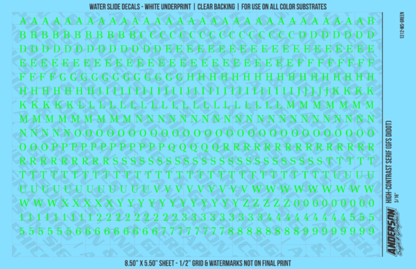 1312-WS-Green.png ASG Waterslide Decals - High-Contrast Serif Lettering Numbers 3/16"