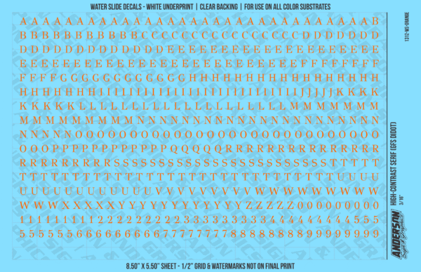 1312-WS-Orange.png ASG Waterslide Decals - High-Contrast Serif Lettering Numbers 3/16"