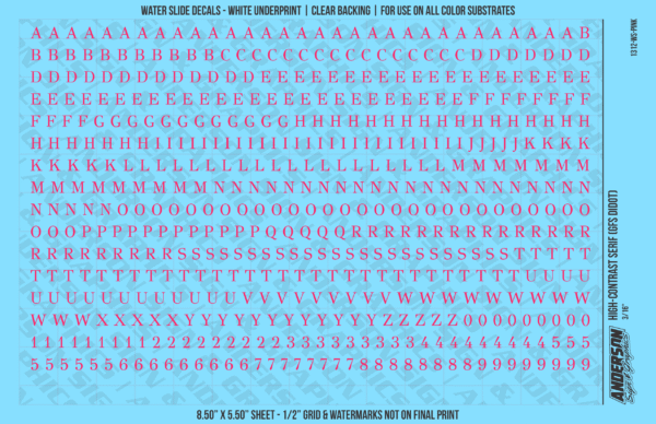 1312-WS-Pink.png ASG Waterslide Decals - High-Contrast Serif Lettering Numbers 3/16"