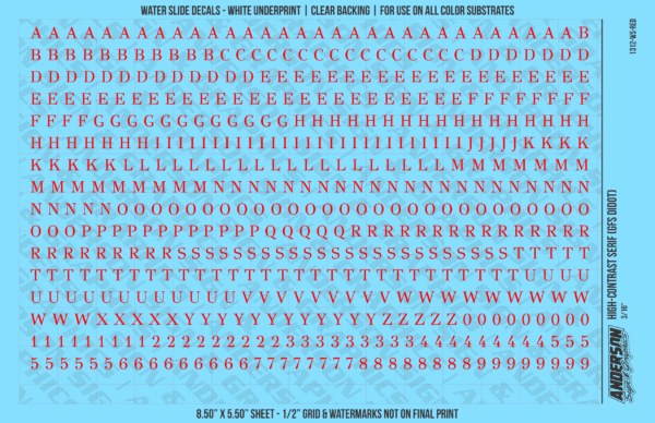 1312-WS-Red.png ASG Waterslide Decals - High-Contrast Serif Lettering Numbers 3/16"
