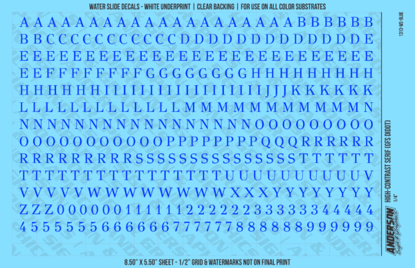 1313-WS-Blue.png ASG Waterslide Decals - High-Contrast Serif Lettering Numbers 1/4"