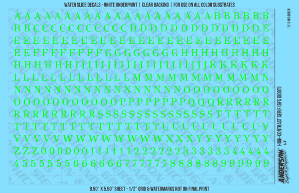 1313-WS-Green.png ASG Waterslide Decals - High-Contrast Serif Lettering Numbers 1/4"