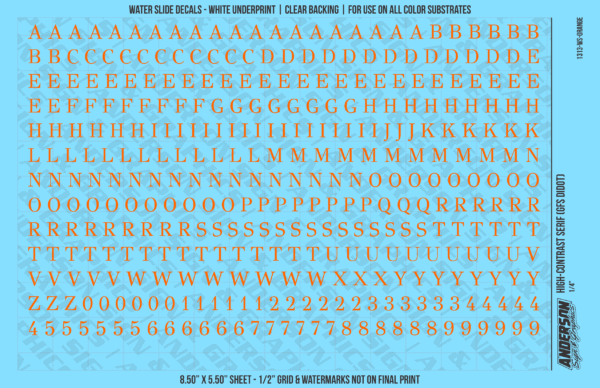 1313-WS-Orange.png ASG Waterslide Decals - High-Contrast Serif Lettering Numbers 1/4"