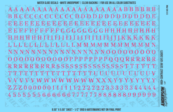1313-WS-Pink.png ASG Waterslide Decals - High-Contrast Serif Lettering Numbers 1/4"