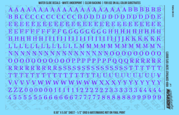 1313-WS-Purple.png ASG Waterslide Decals - High-Contrast Serif Lettering Numbers 1/4"