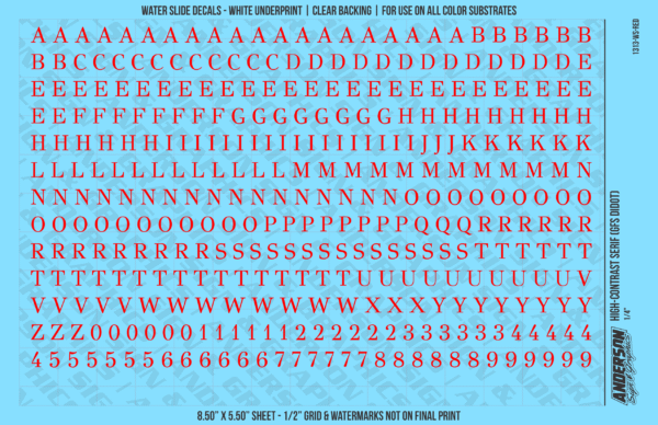 1313-WS-Red.png ASG Waterslide Decals - High-Contrast Serif Lettering Numbers 1/4"