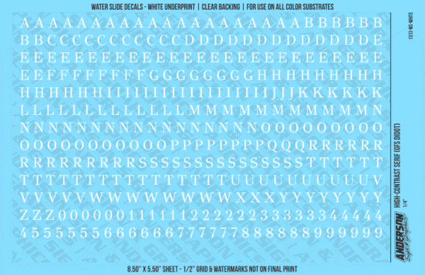 1313-WS-White.png ASG Waterslide Decals - High-Contrast Serif Lettering Numbers 1/4"