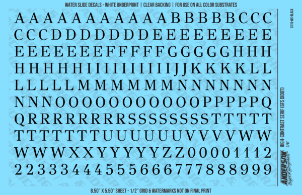 1315-WS-Black.png ASG Waterslide Decals - High-Contrast Serif Lettering Numbers 3/8"