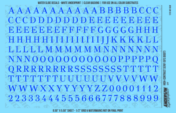 1315-WS-Blue.png ASG Waterslide Decals - High-Contrast Serif Lettering Numbers 3/8"