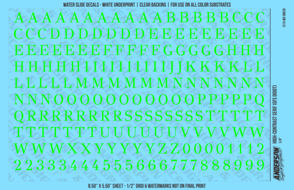 1315-WS-Green.png ASG Waterslide Decals - High-Contrast Serif Lettering Numbers 3/8"