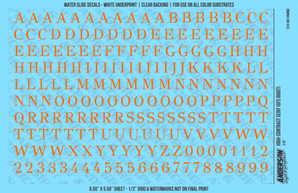 1315-WS-Orange.png ASG Waterslide Decals - High-Contrast Serif Lettering Numbers 3/8"