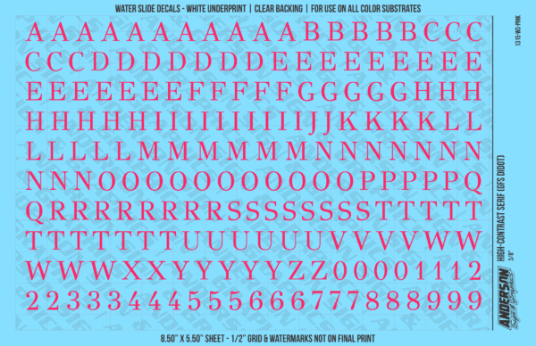 1315-WS-Pink.png ASG Waterslide Decals - High-Contrast Serif Lettering Numbers 3/8"