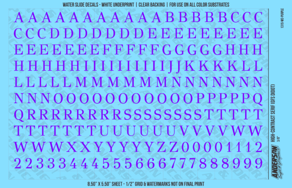1315-WS-Purple.png ASG Waterslide Decals - High-Contrast Serif Lettering Numbers 3/8"