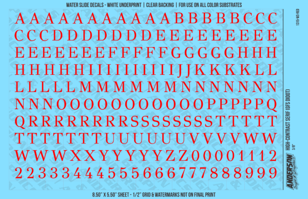 1315-WS-Red.png ASG Waterslide Decals - High-Contrast Serif Lettering Numbers 3/8"
