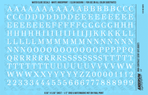 1315-WS-White.png ASG Waterslide Decals - High-Contrast Serif Lettering Numbers 3/8"