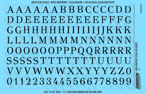 1316-WS-Black.png ASG Waterslide Decals - High-Contrast Serif Lettering Numbers 1/2"