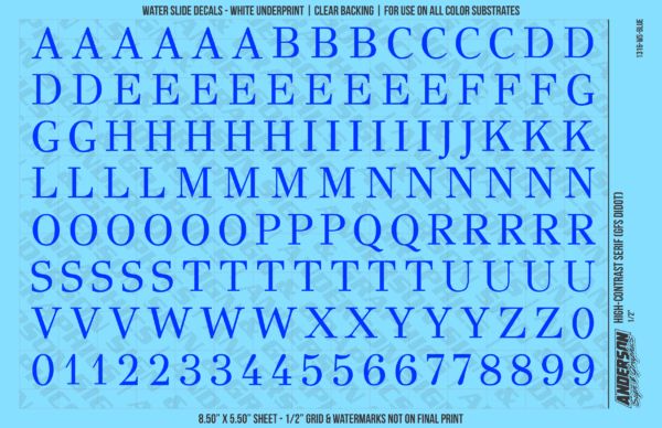 1316-WS-Blue.png ASG Waterslide Decals - High-Contrast Serif Lettering Numbers 1/2"