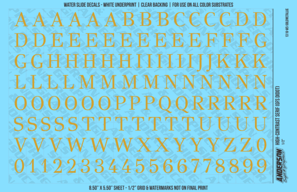 1316-WS-GoldMetallic.png ASG Waterslide Decals - High-Contrast Serif Lettering Numbers 1/2"