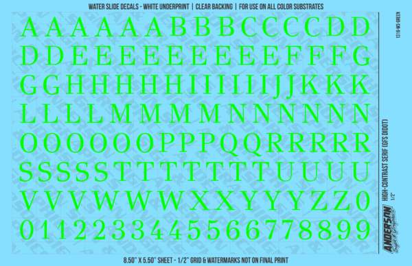 1316-WS-Green.png ASG Waterslide Decals - High-Contrast Serif Lettering Numbers 1/2"