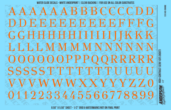 1316-WS-Orange.png ASG Waterslide Decals - High-Contrast Serif Lettering Numbers 1/2"