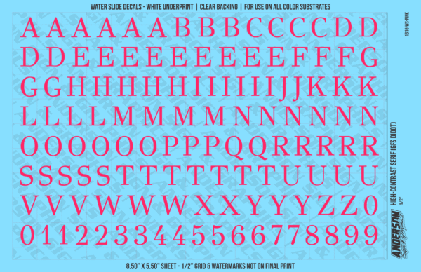 1316-WS-Pink.png ASG Waterslide Decals - High-Contrast Serif Lettering Numbers 1/2"
