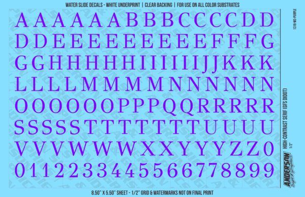 1316-WS-Purple.png ASG Waterslide Decals - High-Contrast Serif Lettering Numbers 1/2"