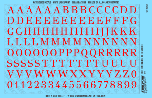 1316-WS-Red.png ASG Waterslide Decals - High-Contrast Serif Lettering Numbers 1/2"